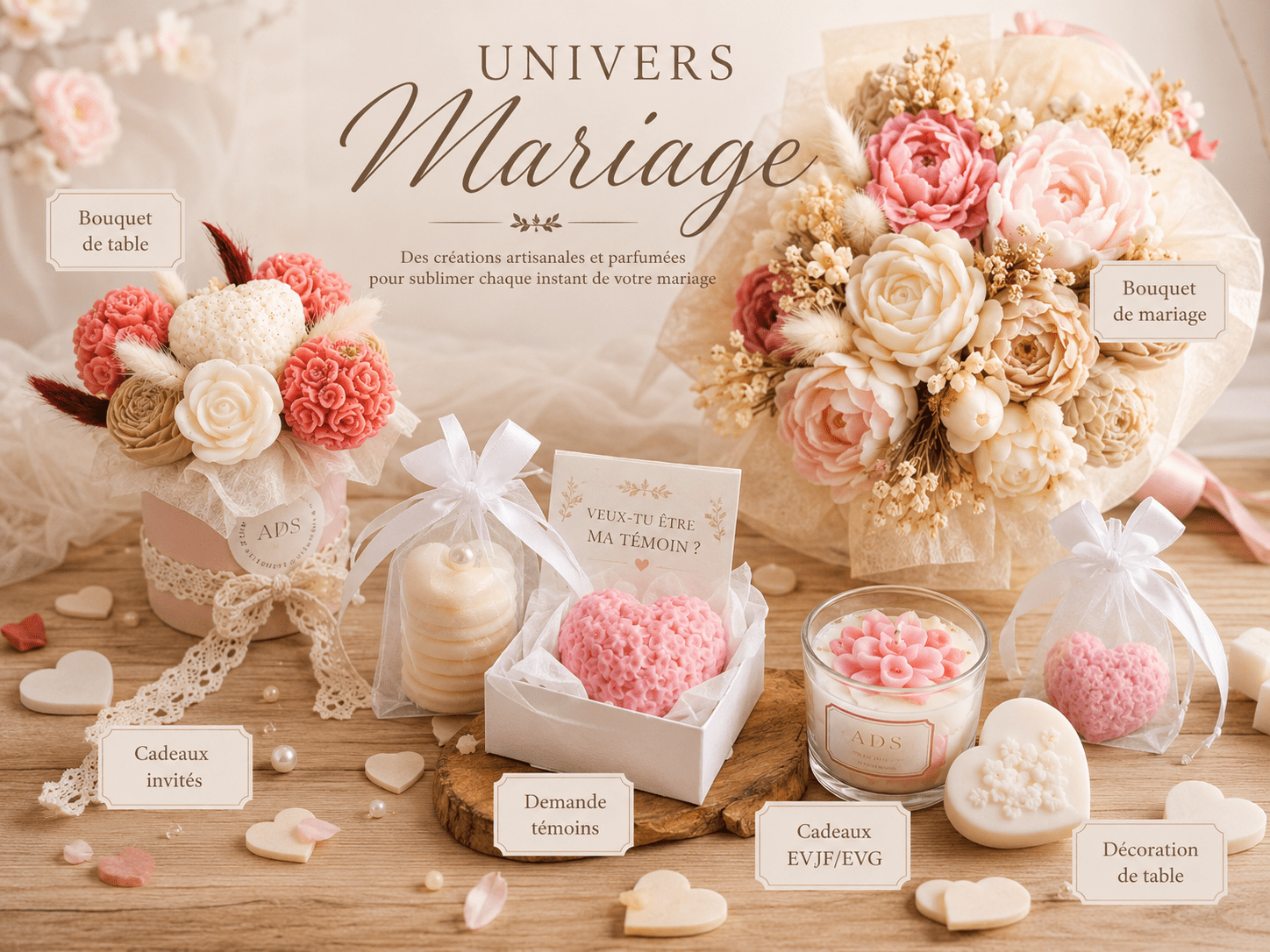Univers Mariage | Cadeaux invités, témoins, EVJF & bouquets - L'Atelier Douceurs & Senteurs