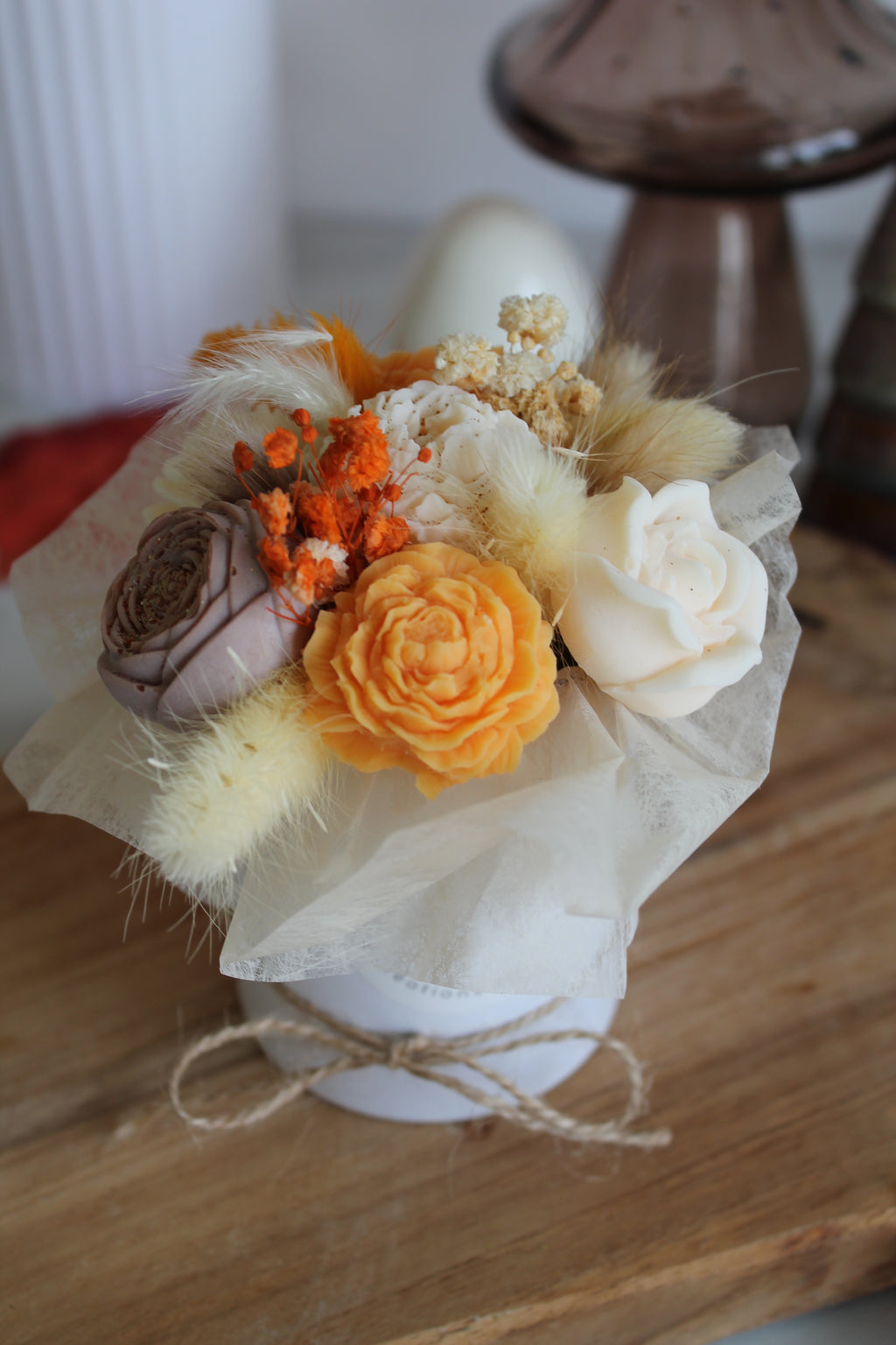 Bouquet de fleurs AUTOMNE parfumé en cire végétale -Orange-Brun - Blanc petit format