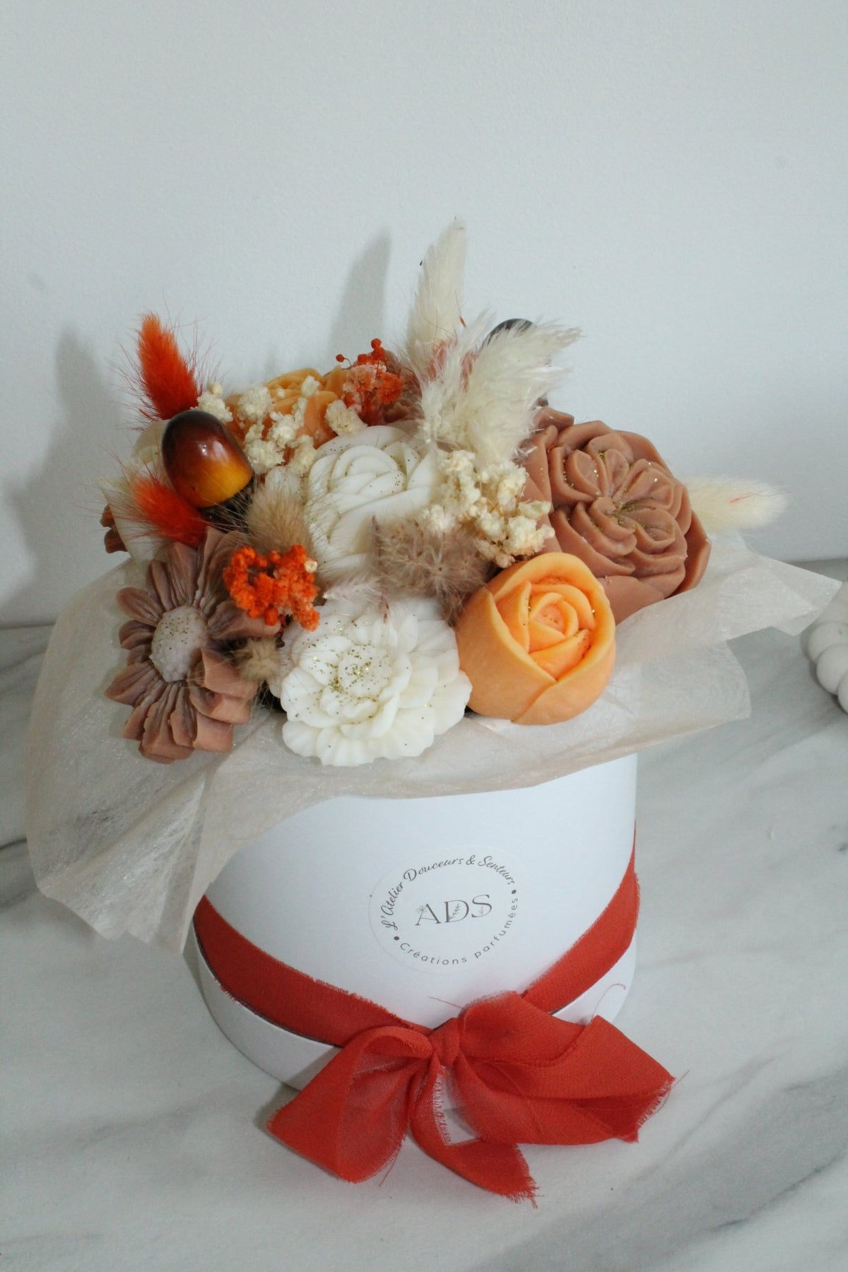 Bouquet de fleurs AUTOMNE parfumé en cire végétale -Orange-Brun - Blanc - L'Atelier Douceurs & Senteurs