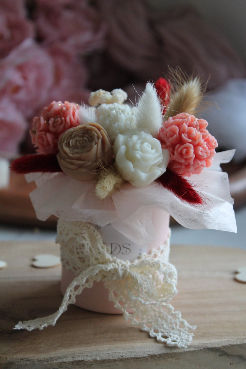 Bouquet de fleurs parfumées en cire végétale - 90g (pot rose) - L'Atelier Douceurs & Senteurs