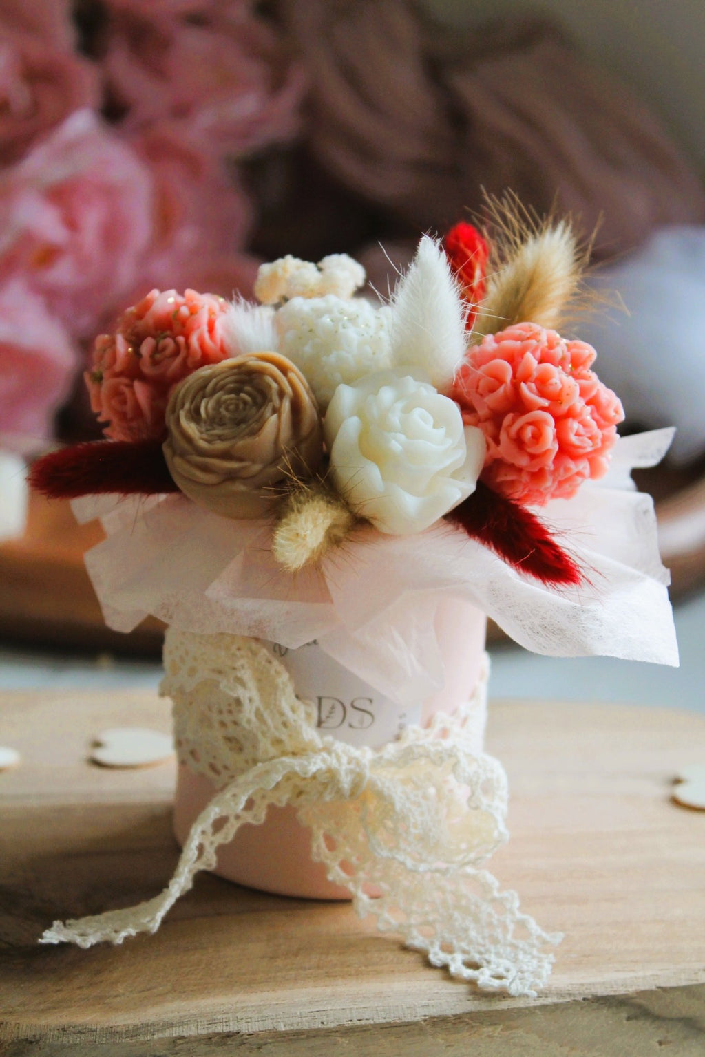 Bouquet de fleurs parfumées en cire végétale - 90g (pot rose) - L'Atelier Douceurs & Senteurs