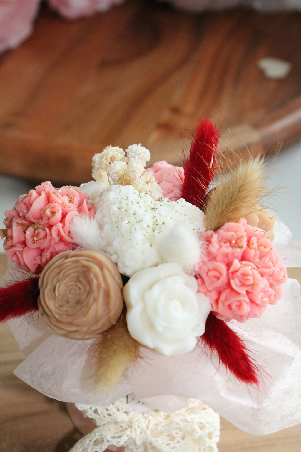 Bouquet de fleurs parfumées en cire végétale - 90g (pot rose) - L'Atelier Douceurs & Senteurs
