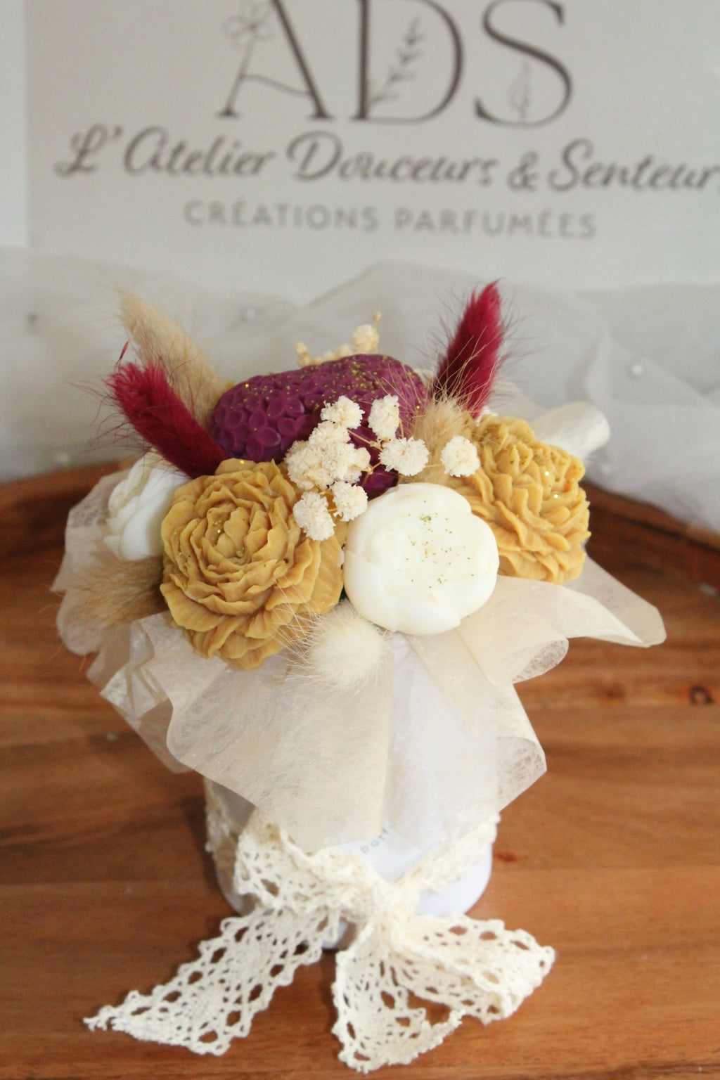Bouquet de fleurs parfumées en cire végétale - "Bouquet Coeur violet - L'Atelier Douceurs & Senteurs