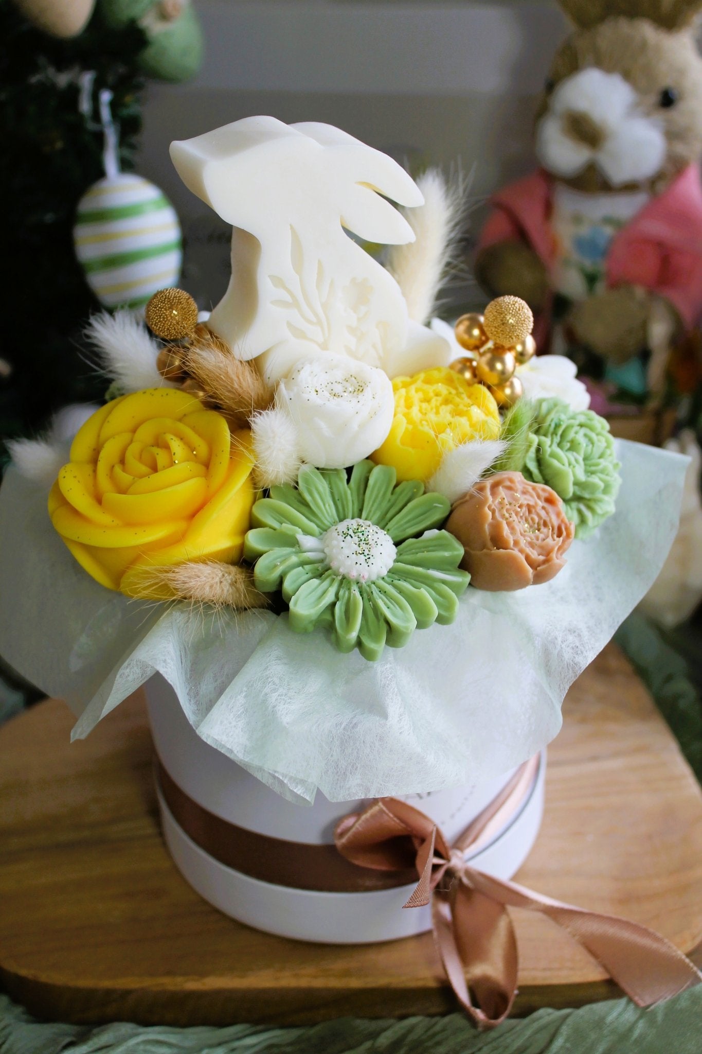 Bouquet de fleurs parfumées en cire végétale - "Bouquet Lapin grand format" - L'Atelier Douceurs & Senteurs