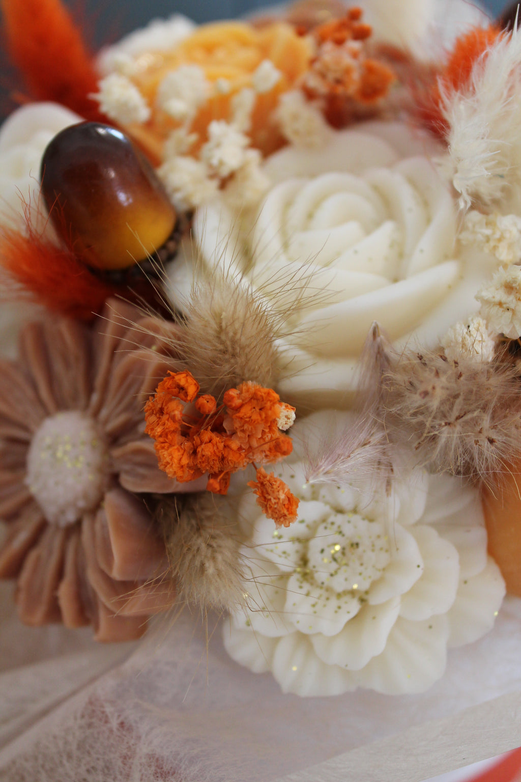 Bouquet de fleurs AUTOMNE parfumé en cire végétale -Orange-Brun - Blanc