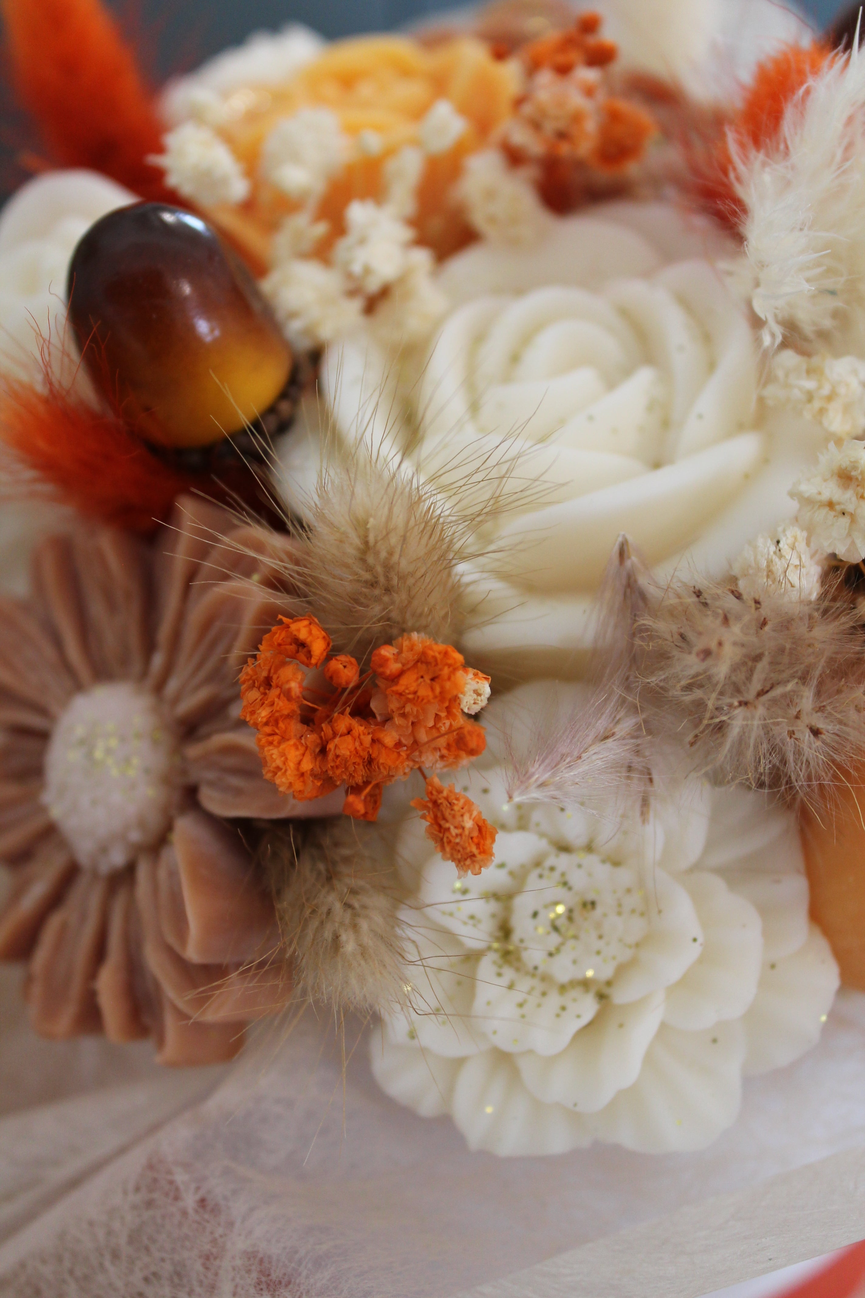 Bouquet de fleurs AUTOMNE parfumé en cire végétale -Orange-Brun - Blanc