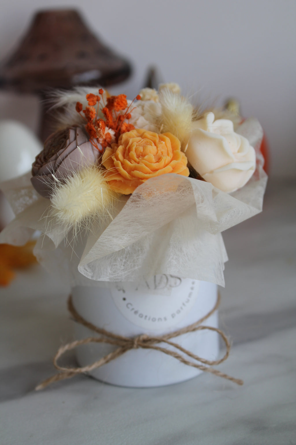 Bouquet de fleurs AUTOMNE parfumé en cire végétale -Orange-Brun - Blanc petit format