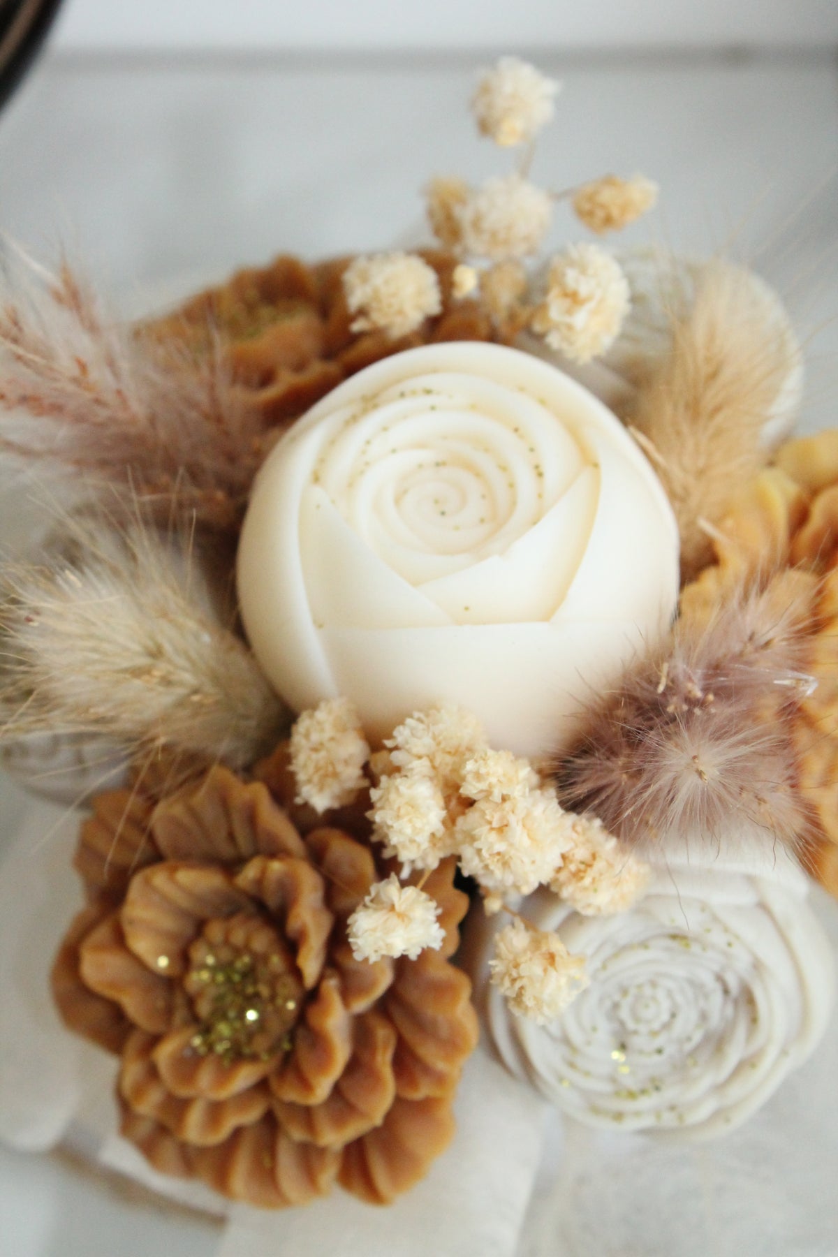Bouquet de fleurs AUTOMNE parfumé en cire végétale -Gris -Brun - Blanc petit format