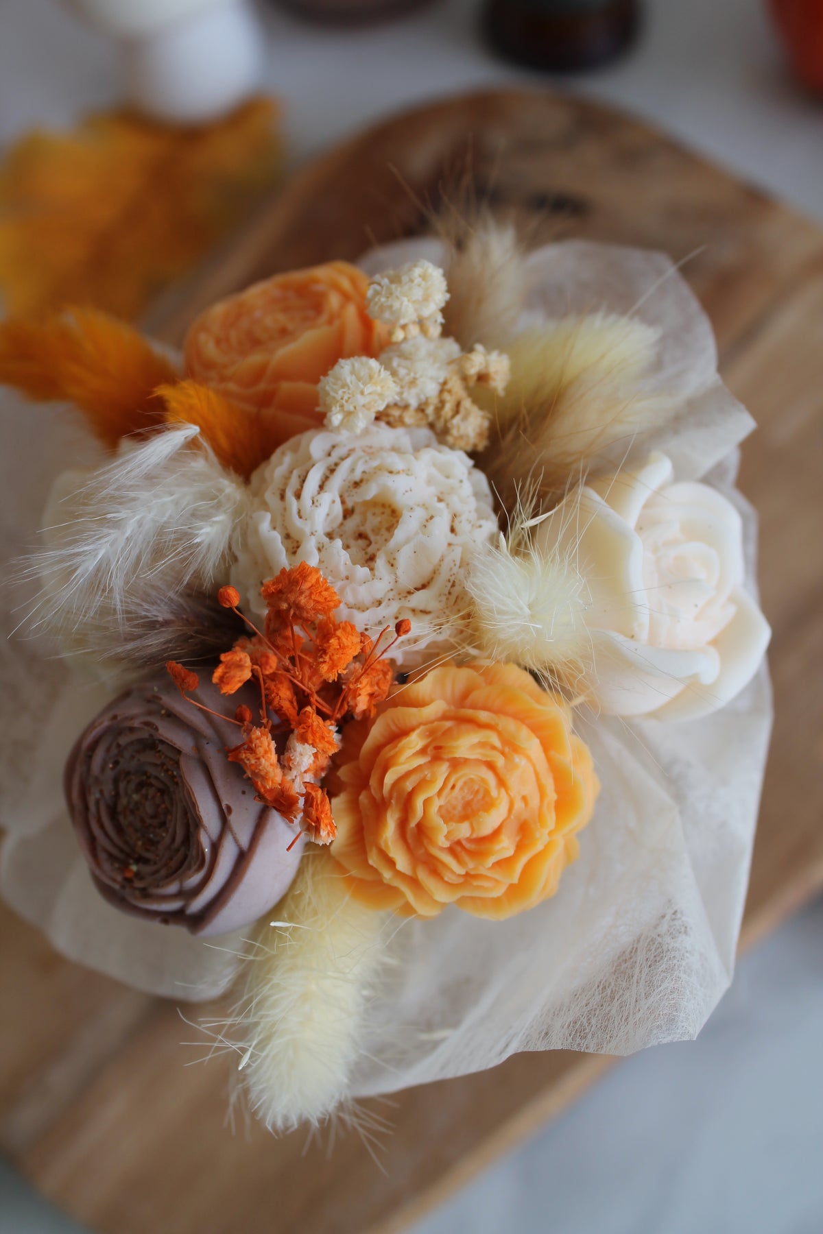 Bouquet de fleurs AUTOMNE parfumé en cire végétale -Orange-Brun - Blanc petit format
