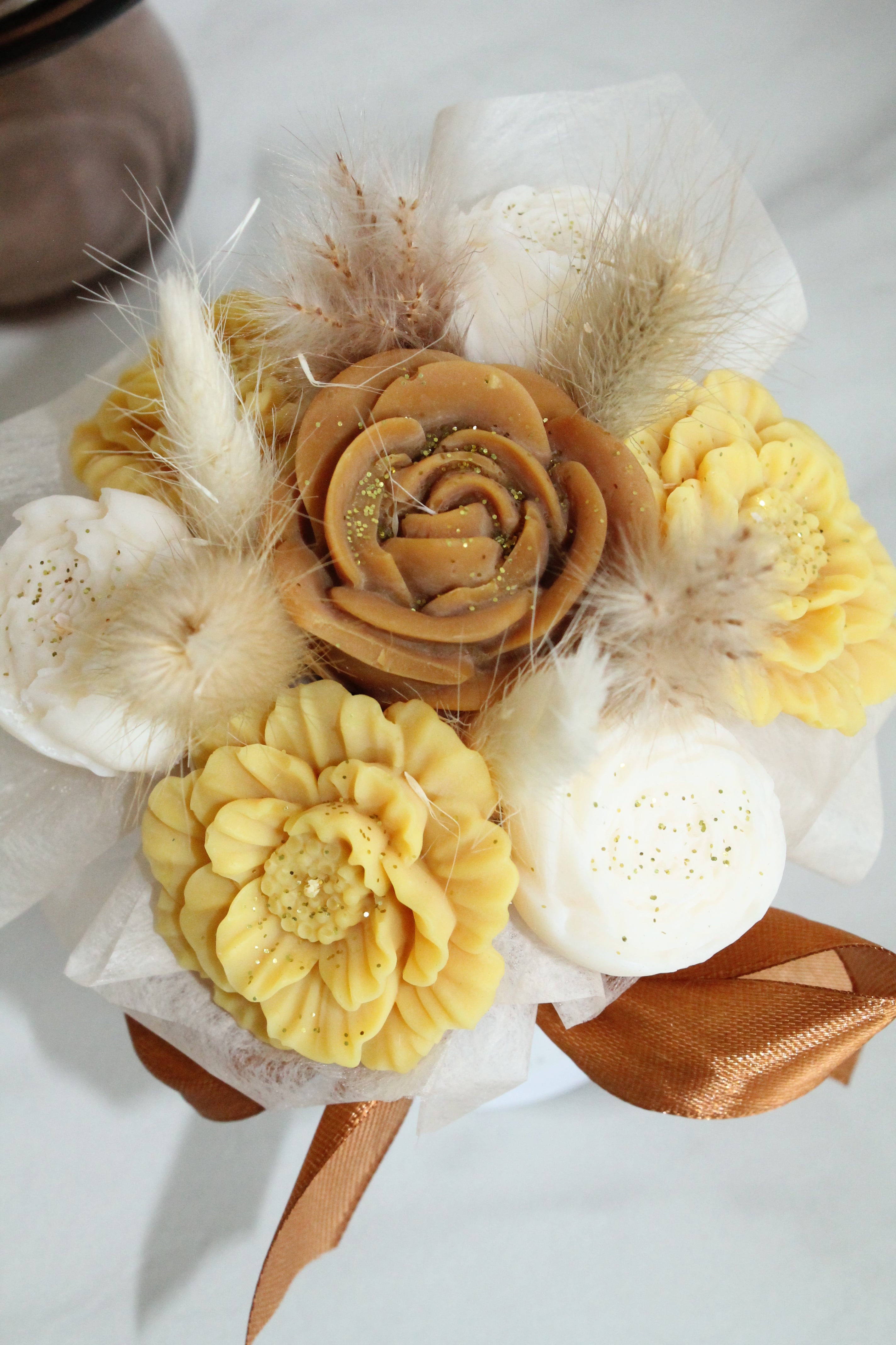 Bouquet de fleurs AUTOMNE parfumé en cire végétale -Jaune -Brun - Blanc petit format