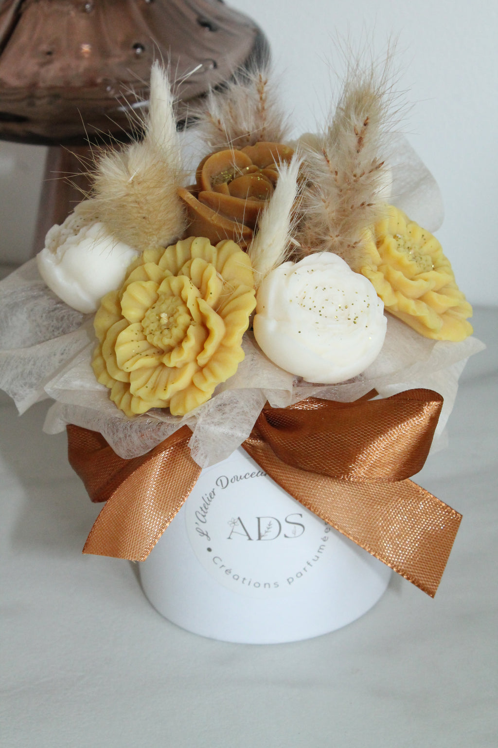 Bouquet de fleurs AUTOMNE parfumé en cire végétale -Jaune -Brun - Blanc petit format