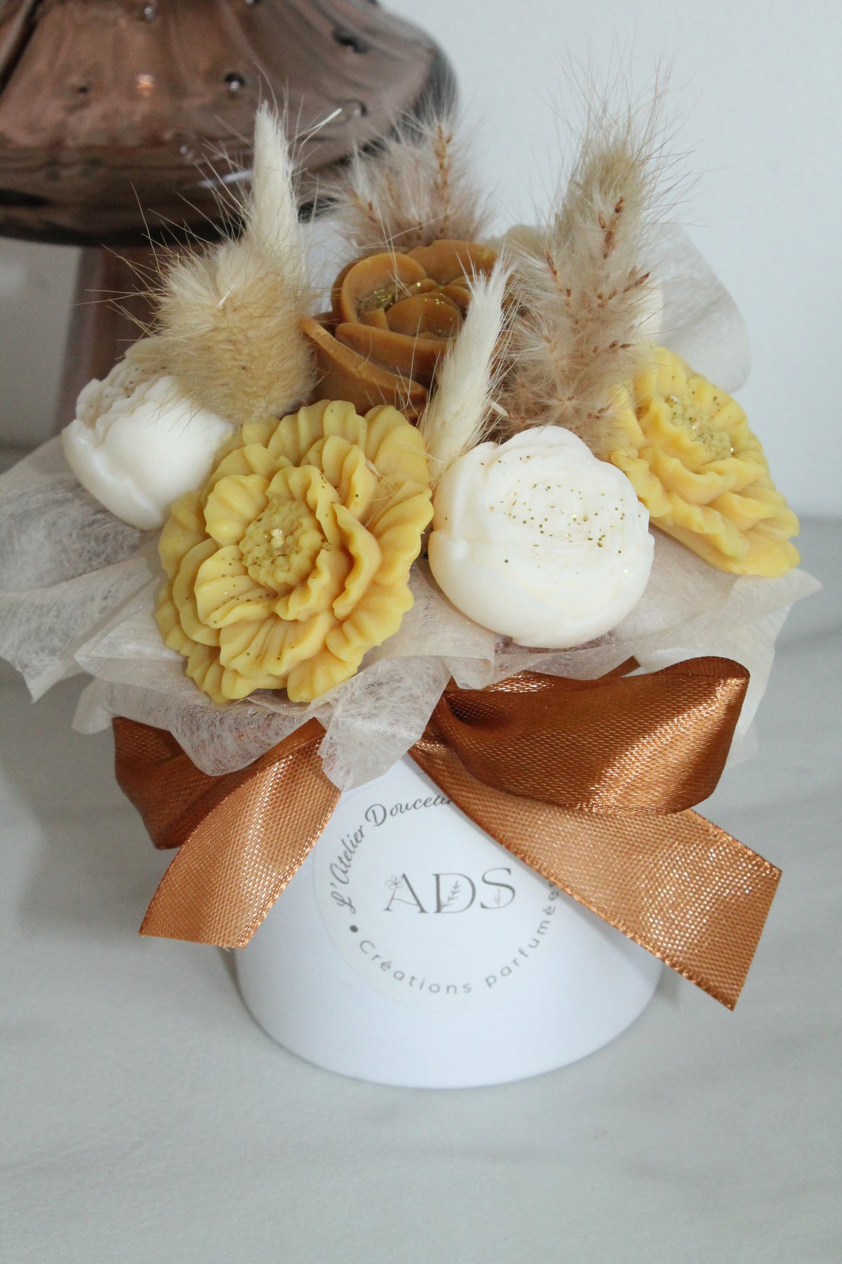 Bouquet de fleurs AUTOMNE parfumé en cire végétale -Jaune -Brun - Blanc petit format