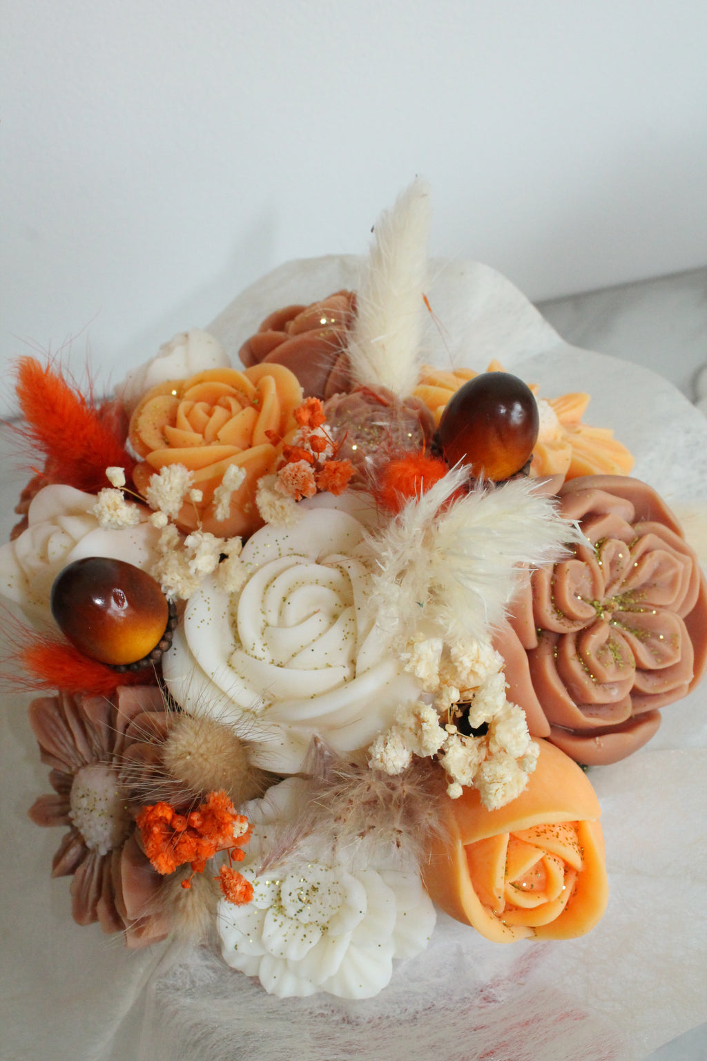 Bouquet de fleurs AUTOMNE parfumé en cire végétale -Orange-Brun - Blanc