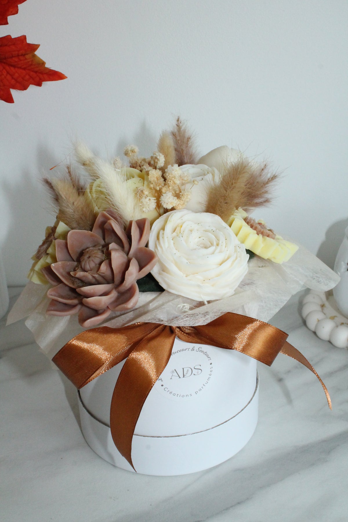 Bouquet de fleurs AUTOMNE parfumé en cire végétale -Jaune-Brun - Blanc
