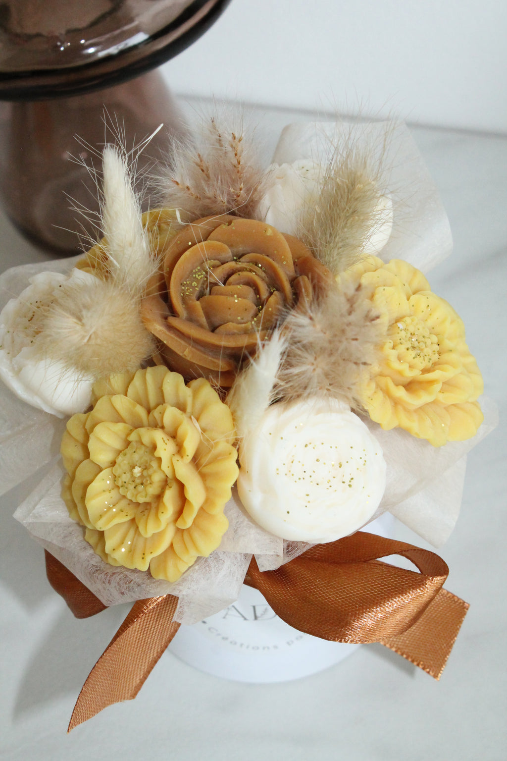 Bouquet de fleurs AUTOMNE parfumé en cire végétale -Jaune -Brun - Blanc petit format