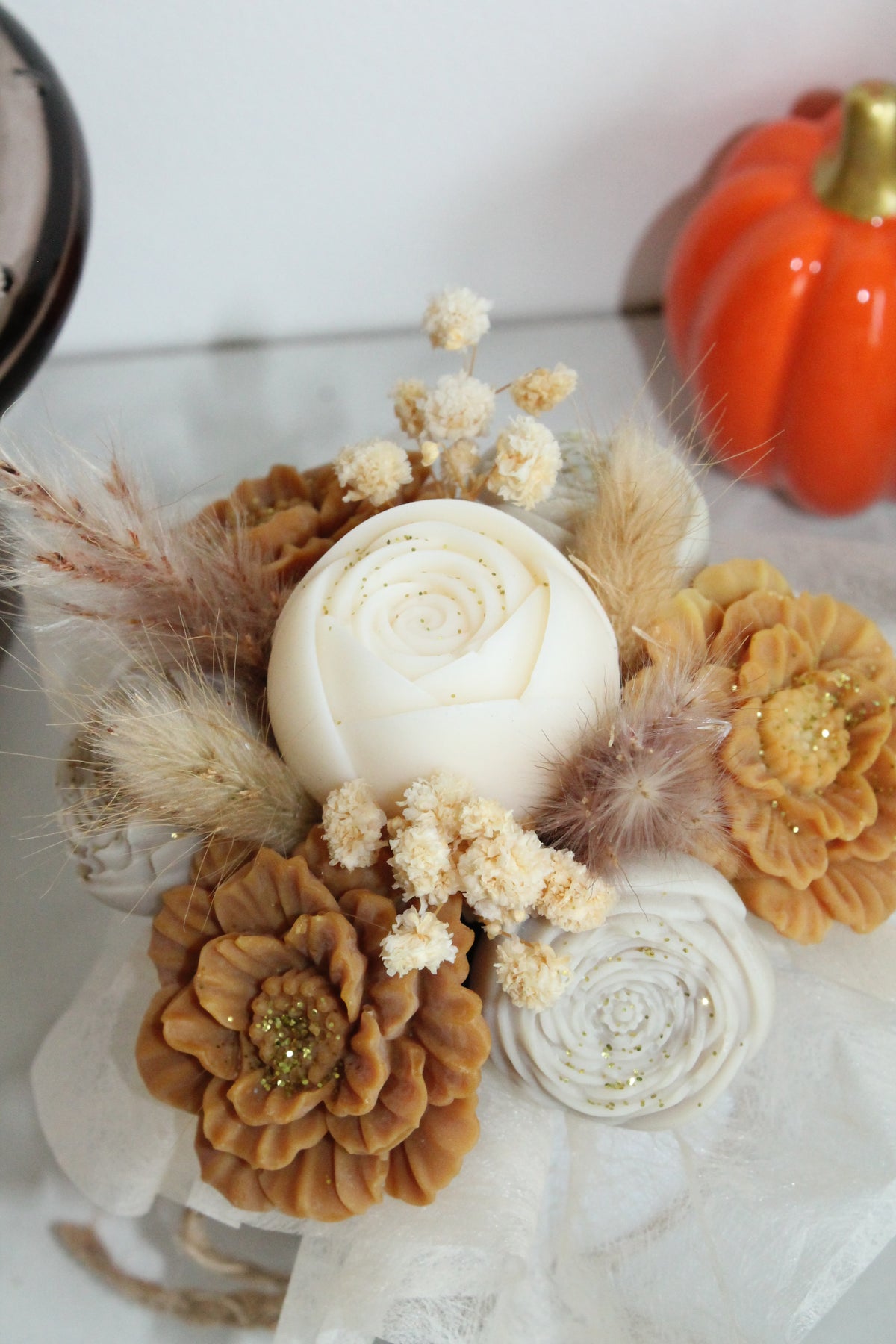 Bouquet de fleurs AUTOMNE parfumé en cire végétale -Gris -Brun - Blanc petit format
